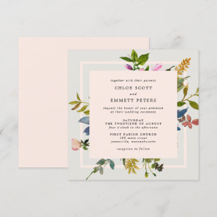 Convite Casamento Quadrado de Aquarela Floral Cor-de-Rosa