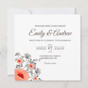 Convite Casamento Quadrado de Aquarela Floral Papoula Selv