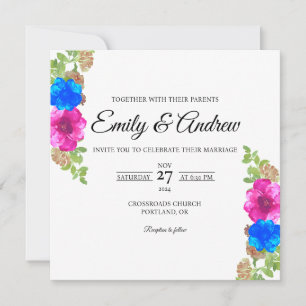 Convite Casamento Quadrado de Aquarela Floral Rosa Azul