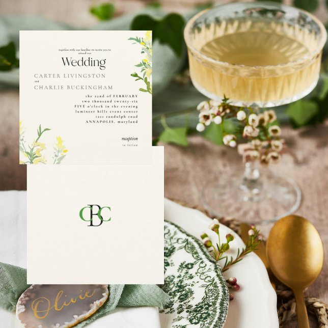 Convite Casamento Quadrado de Flores Amarelas Monograma II (Criador carregado)