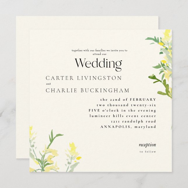 Convite Casamento Quadrado de Flores Amarelas Monograma II (Frente/Verso)