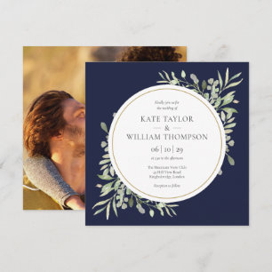 Convite Casamento Quadrado de Foto de Verde Elegante Azul-