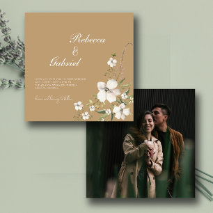 Convite Casamento Quadrado de Foto Floral de Aquarela Eleg