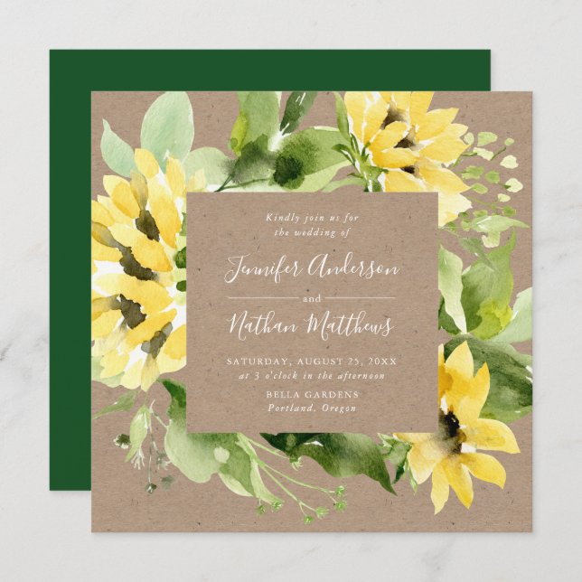 Convite Casamento Quadrado de Molas Florais de Watercolor  (Frente/Verso)