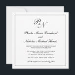 Convite Casamento Quadrado de Monograma Branco e Preto For<br><div class="desc">Convite de casamento tradicional e quadrado clássico com um simples design com seu monograma inicial e seus nomes em um dentro de caligrafia elegante de uma fronteira fina. O dorso é preto sólido. Este clássico design preto e branco é perfeito para um casamento formal.</div>