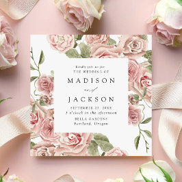 Convite Casamento Quadrado de Rosas e Folhagens Elegantes 