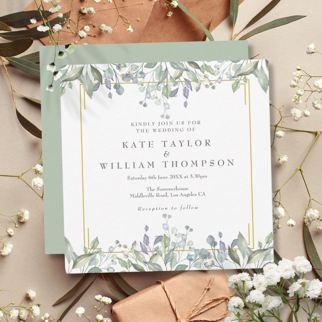 Convite Casamento Quadrado de Verde Folhas de Salvia Lilás (Floral Sage Lilac Greenery Square Wedding Invitation)