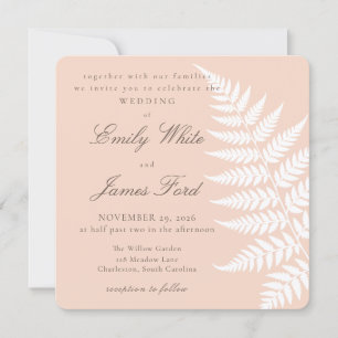 Convite Casamento Quadrado Elegante em Branco e Pêssego Su