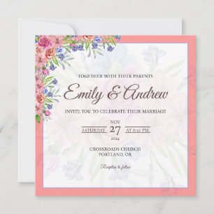 Convite Casamento Quadrado em Aquarela Floral Rosa Coral