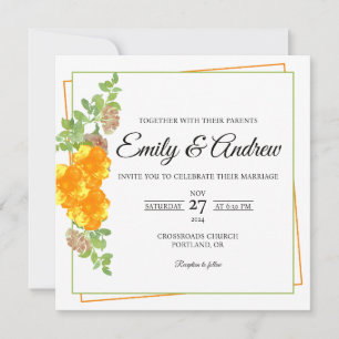 Convite Casamento Quadrado Floral Aguarela Flor Amarelo