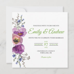 Convite Casamento Quadrado Floral Aguarela Roxa
