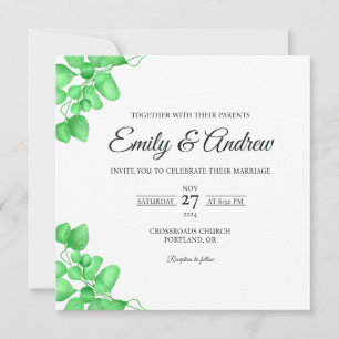 Convite Casamento Quadrado Floral Aquarela Eucalipto Verde