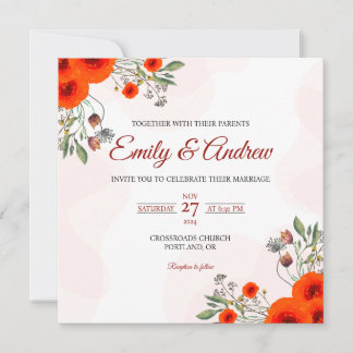 Convite Casamento Quadrado Floral Aquarela Rosa Laranja Am