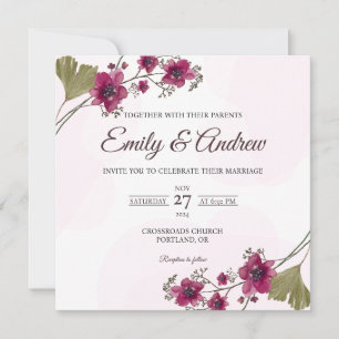 Convite Casamento Quadrado Floral Botânico de Ameixa