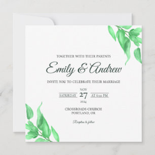 Convite Casamento Quadrado Floral Botânico Verde em Aquare