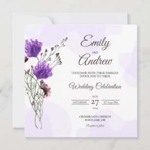 Convite Casamento Quadrado Floral de Aquarela com Flor Sil