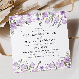 Convite Casamento Quadrado Floral de lavanda Watercolor