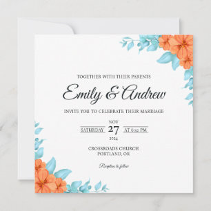 Convite Casamento Quadrado Floral em Aquarela Laranja Turq