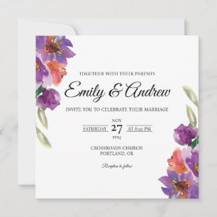 Convite Casamento Quadrado Floral em Aquarela Lavanda Lara