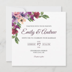 Convite Casamento Quadrado Floral em Aquarela Roxo Borgonh
