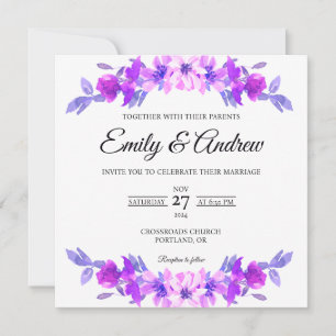 Convite Casamento Quadrado Floral em Arco Roxo em Aquarela