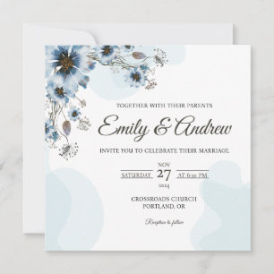Convite Casamento Quadrado Floral em Azul Desbotado em Aqu