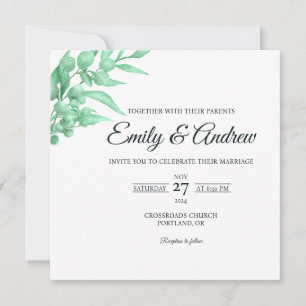 Convite Casamento Quadrado Floral em Verde Menta em Aquare