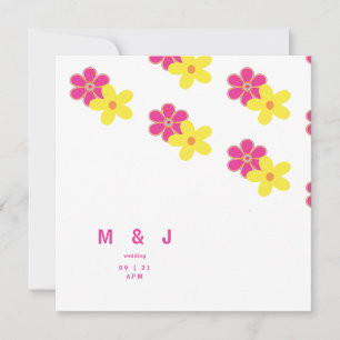 Convite Casamento Quadrado Floral Retro Rosa e Amarelo