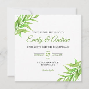 Convite Casamento Quadrado Floral Vinha Verde Aquarela