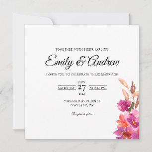 Convite Casamento Quadrado Floral Violeta Rosa