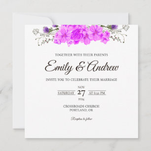 Convite Casamento Quadrado Floral Violeta Rosa em Aquarela