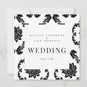 Convite Casamento Quadrado Preto e Branco em Damask