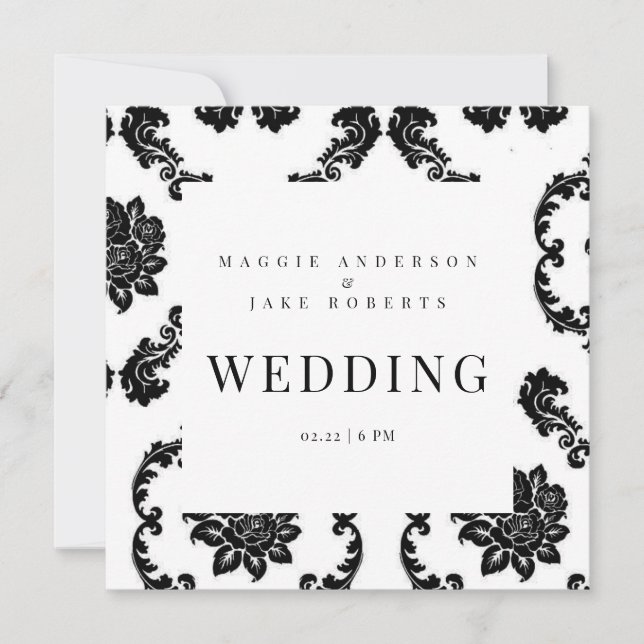 Convite Casamento Quadrado Preto e Branco em Damask  (Frente)