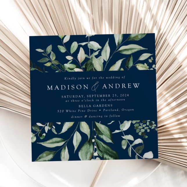 Convite Casamento Quadrado Verdejante Navy (Criador carregado)