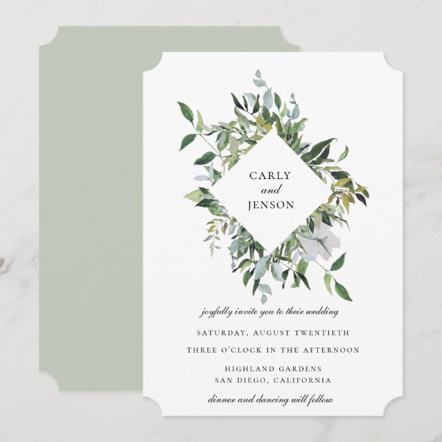 Convite Casamento Quadro Botânico Sage Empoeirado (Frente/Verso)