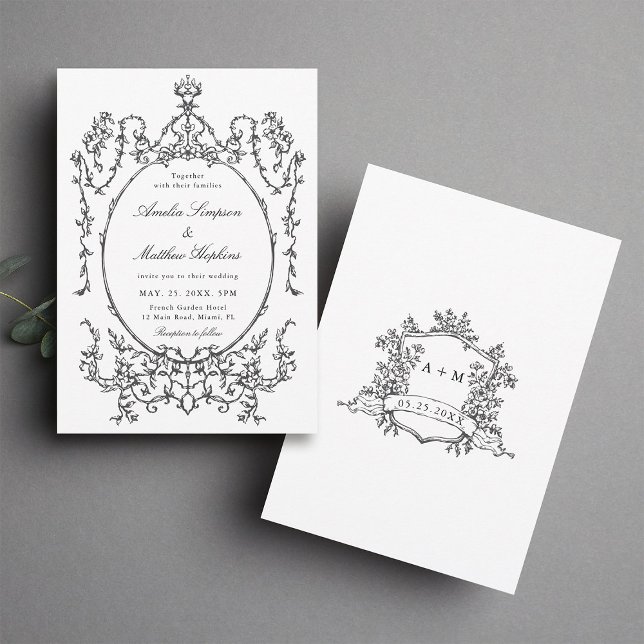 Convite Casamento Quadro Clássico Preto e Branco           (Front & Back)