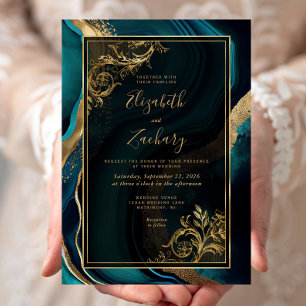 Convite Casamento Quadro de Ágata Verde Luxo Dourado