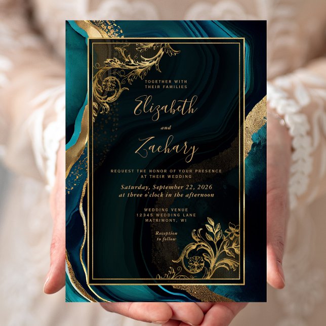Convite Casamento Quadro de Ágata Verde Luxo Dourado (Criador carregado)
