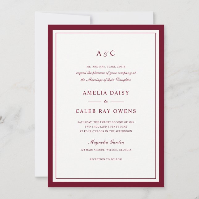 Convite Casamento Quadro de Borda Burgundy Clássico Elegan (Frente)