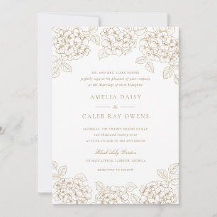 Convite Casamento Quadro de Hortênsia Dourada Floral Elega