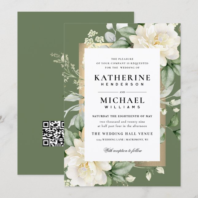 Convite Casamento Quadro de Sage Eucalipto Rosa Marfim e D (Frente/Verso)