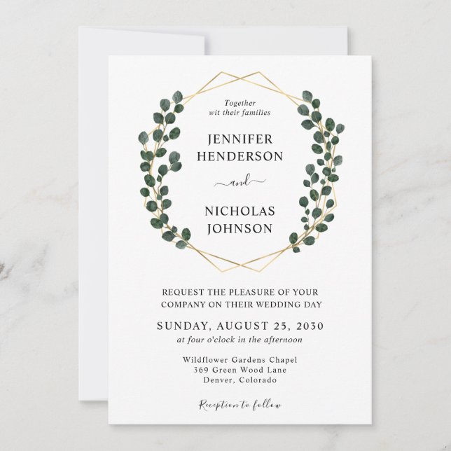 Convite Casamento Quadro Dourado Elegante Eucalipto (Frente)