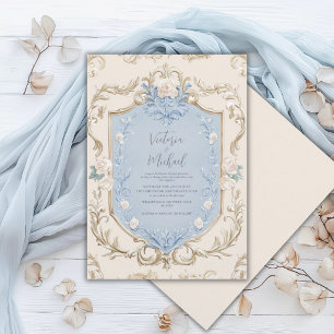 Convite Casamento Quadro Dourado Floral Azul Elegante