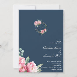 Convite Casamento Quadro Dourado Peônia Beijo Marinho