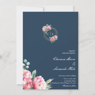 Convite Casamento Quadro Dourado Peônia Beijo Marinho 