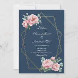 Convite Casamento Quadro Dourado Peônia Beijo Marinho