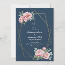 Convite Casamento Quadro Dourado Peônia Beijo Marinho