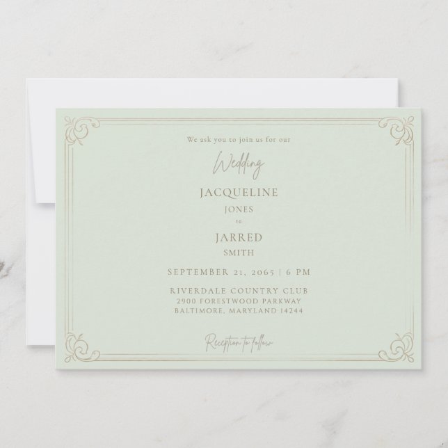 Convite Casamento Quadro Dourado Sage Elegante  (Frente)