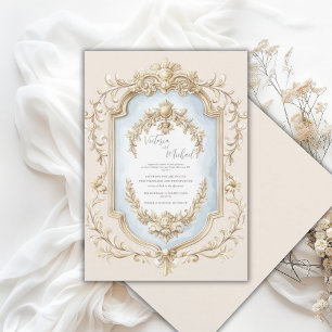 Convite Casamento Quadro Floral Azul Elegante Dourado Vint