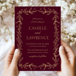 Convite Casamento Quadro Floral Desenhado à Mão em Champan